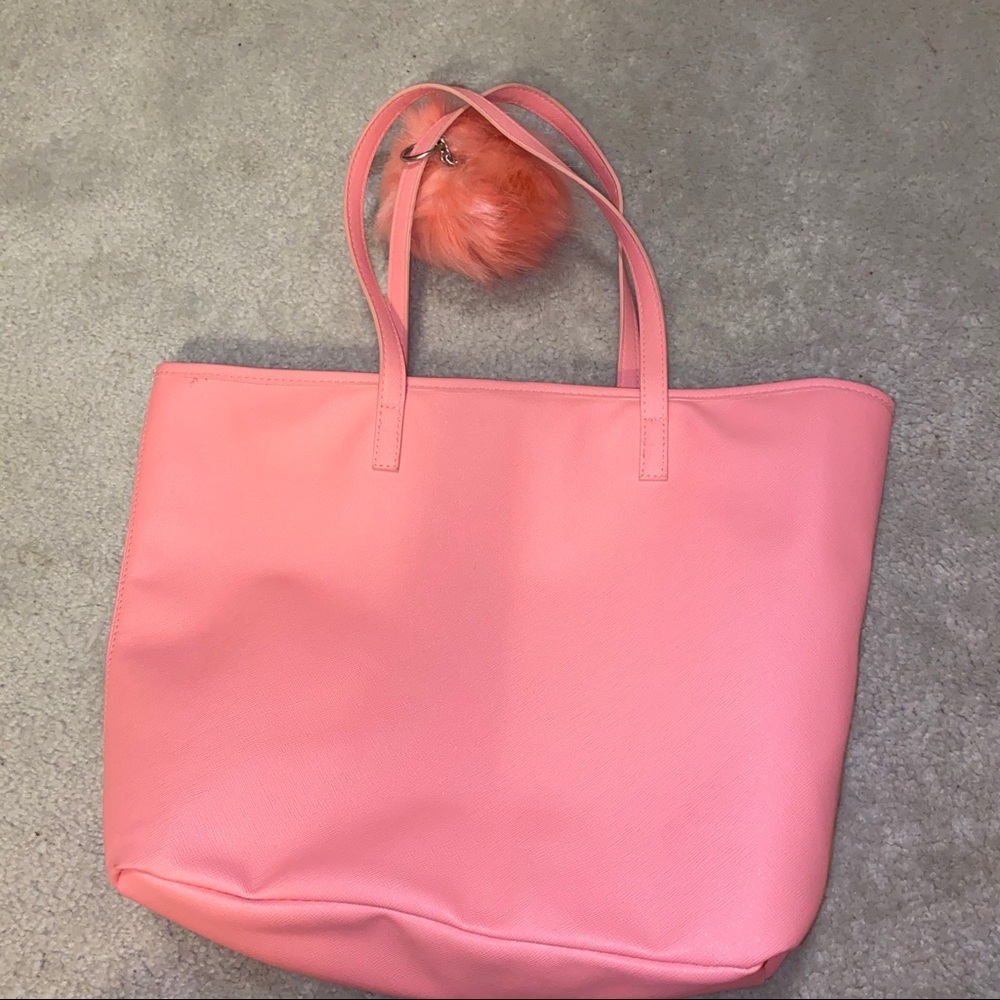 Pink tote bag purse solid basic poof puff ball charm cotton candy travel work